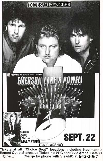 Emerson Lake and Powell performing live at a concert hall, showcasing the vibrant atmosphere of the event.