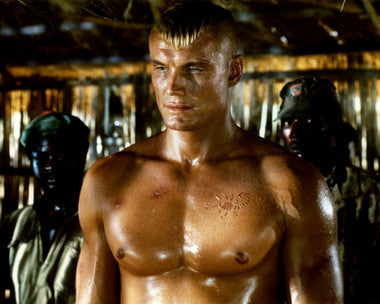 Dolph Lundgren in action during a scene from Red Scorpion, showcasing intense martial arts.