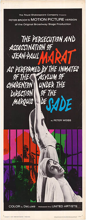 Marat/Sade theatre poster featuring striking artwork and vintage design