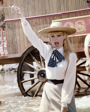 Front view of a retro French Bardot top on a model, highlighting the neckline and fit