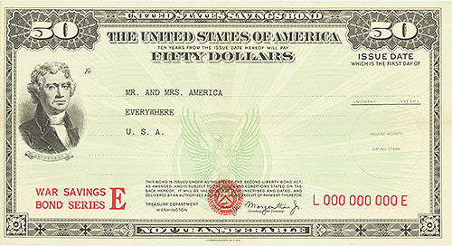 Front view of vintage WWII war bond check with patriotic imagery