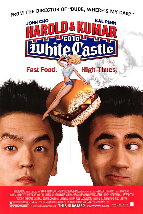 Harold and Kumar on their quest for White Castle burgers, showcasing their comedic expressions.