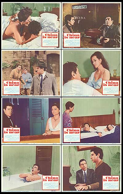 Close-up of an original 1967 China is Near lobby card with period-specific print details and pin holes