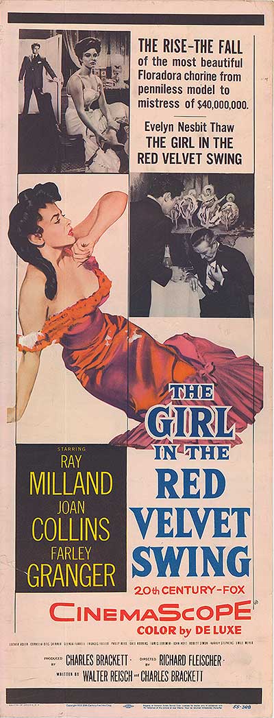 Art deco poster showcasing a girl in a red velvet swing from a classic angle.